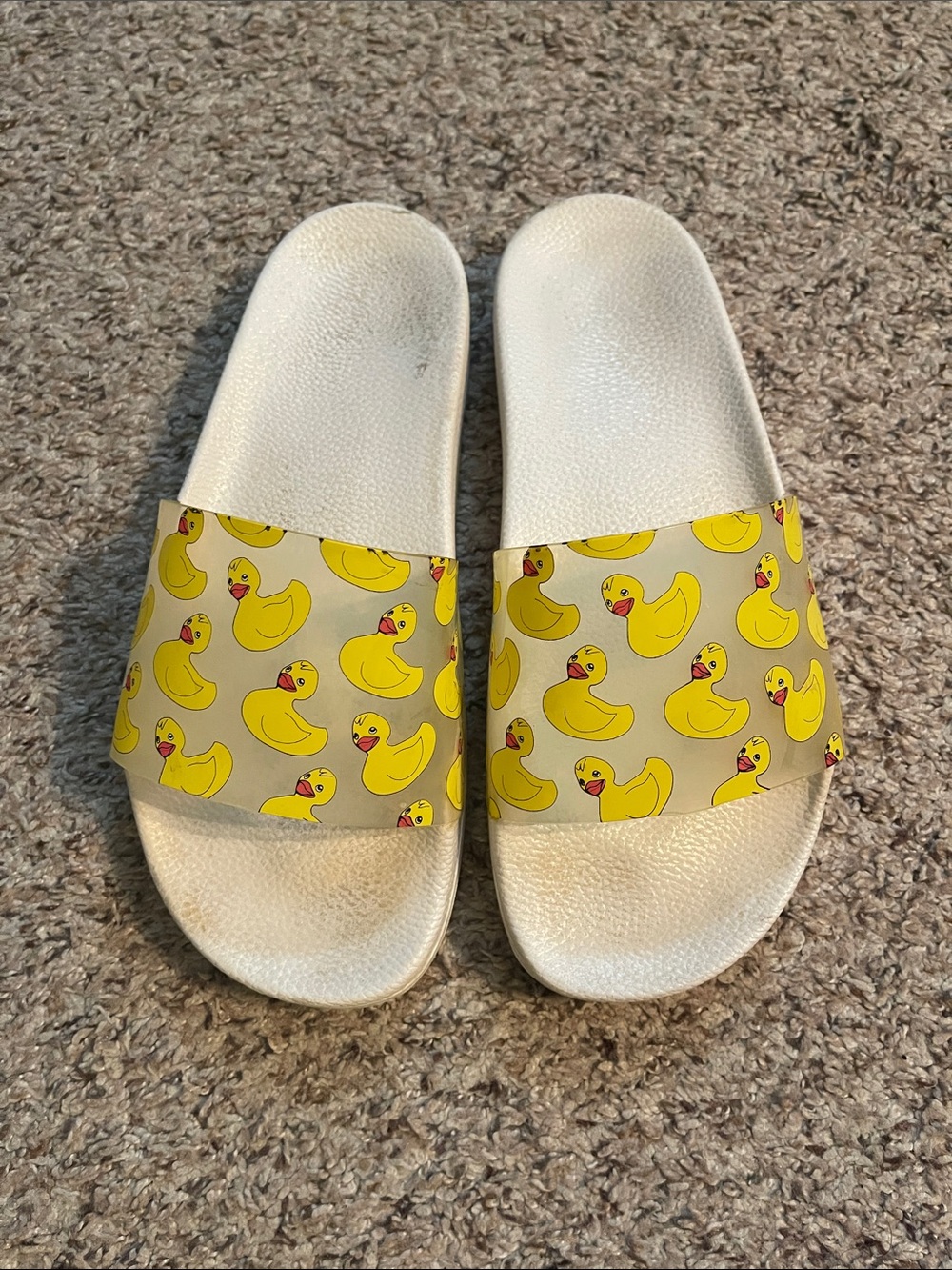 Women’s White Slide Sandals with Yellow Duck Print